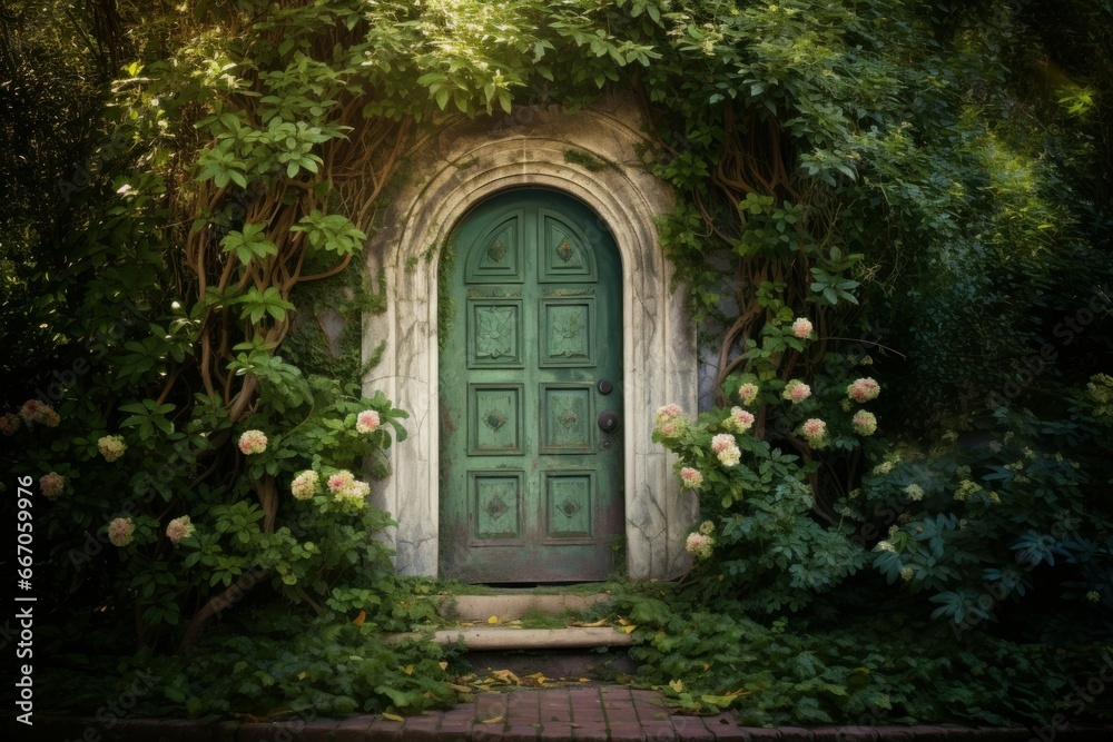 Wooden Door green garden. Nature stone old. Generate Ai Wooden Door green garden. Nature stone old. Generate Ai