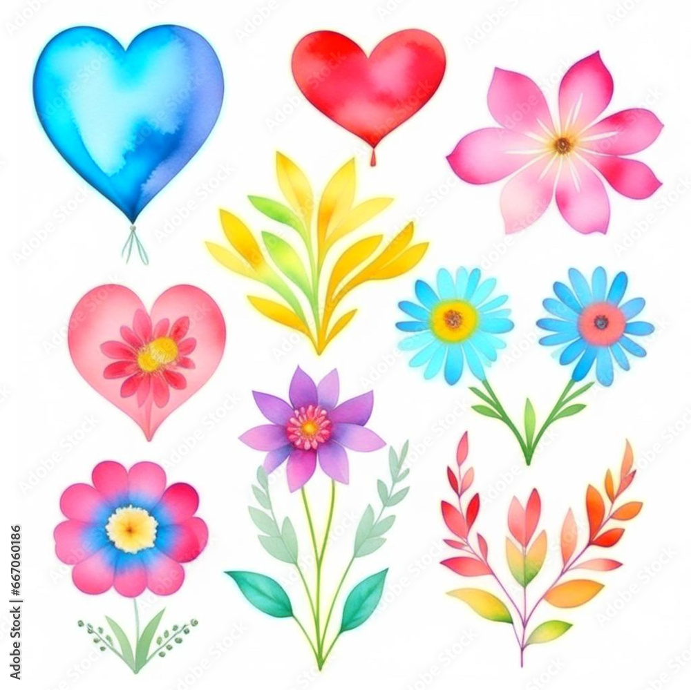 set of watercolor illustrations of hearts and flowers, twigs and leaves for the design of valentines cards and invitations
