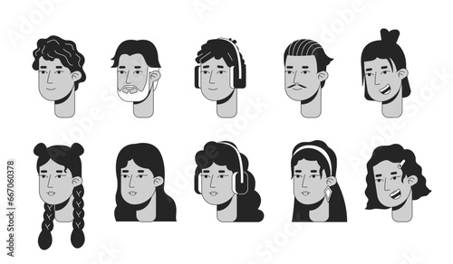 Generations hispanic black and white 2D line cartoon character faces set. Latin american isolated vector outline heads people. Different ages and genders monochromatic flat spot illustration bundle