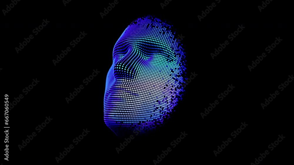 Artificial intelligence 3D human face made of glowing neon pixels emerges from space. Abstract concept of machine learning, artificial intelligence and digital twins technology. 4K, black background