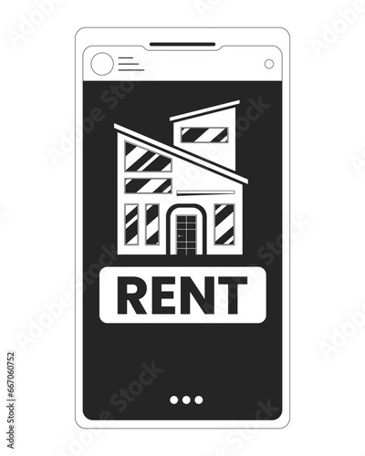 Rental mobile app for renting apartment black and white 2D line cartoon object. Rent property smartphone isolated vector outline item. Relocation home phone monochromatic flat spot illustration