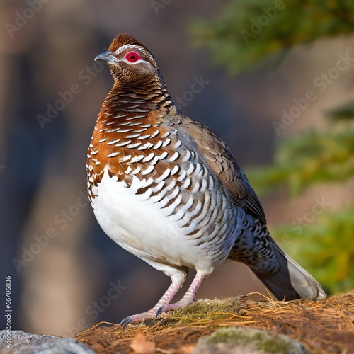 Hazel grouse cock standing on grass covered mound,