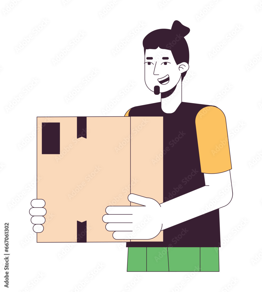 Excited caucasian guy holding cardboard box 2D linear cartoon character. European smiling man receiving package isolated line vector person white background. Takeaway color flat spot illustration Excited caucasian guy holding cardboard box 2D linear cartoon character. European smiling man receiving package isolated line vector person white background. Takeaway color flat spot illustration