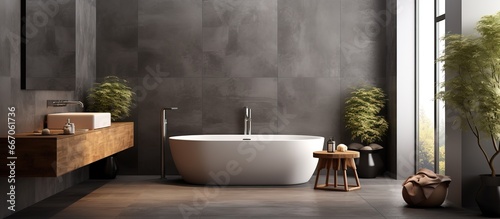 Modern bathroom with gray tiles showcasing minimalism