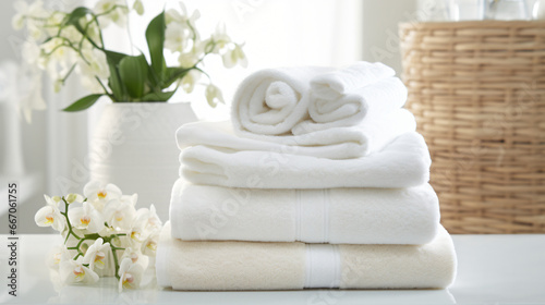 Towels made of white cotton sit on a white table
