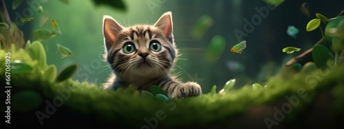 Funny little tabby kitten walking in the wild. Cute kitty with big green eyes looking up in grass in forest. Banner with cat on nature outdoors