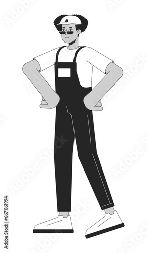 Confident standing delivery man hispanic black and white 2D line cartoon character. Latinamerican male professional packer isolated vector outline person. Moving monochromatic flat spot illustration