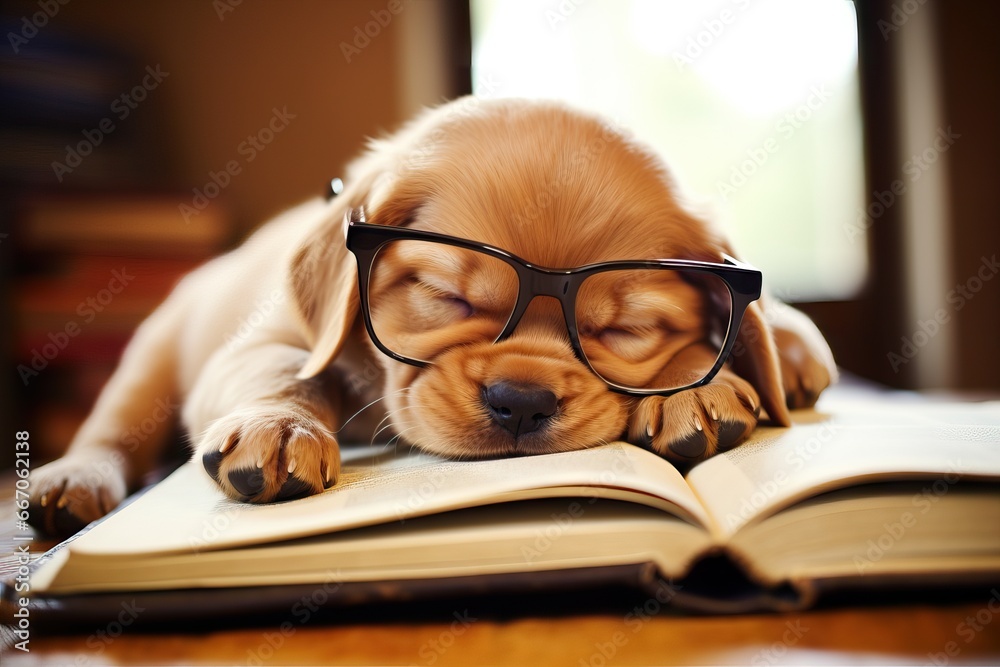 Clever dog in glasses sleeping on a books. Funny cute pet in library. Preparing for the exam, education concept Clever dog in glasses sleeping on a books. Funny cute pet in library. Preparing for the exam, education concept