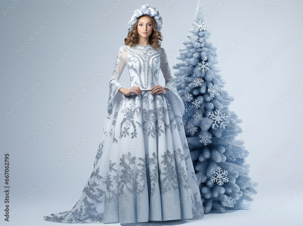 Fototapeta premium Beautiful girl, snow Maiden, granddaughter of Santa Claus, in a beautiful chic blue dress on the background of a Christmas tree