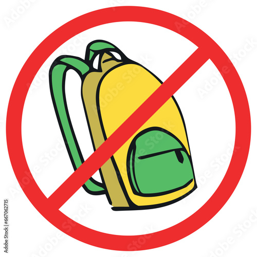 Sign - No backpacks allowed - isolated on a white background. It is forbidden to enter with backpacks. Warning, caution, attention, restriction ban sticker. Vector illustration