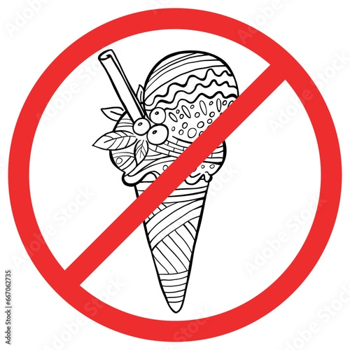 Forbidden ice cream icon isolated on white background. No ice cream symbol pictogram. Prohibited ice cream in outline style. Warning, caution, attention, restriction ban sticker