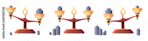Scales balance. Mass and weight measuring scales with different weights, calibration and equal measure math symbols. Vector illustration of weight balance, measure scale