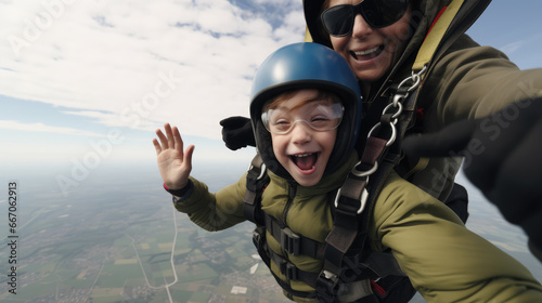 Joint parachute jump for mum and child.