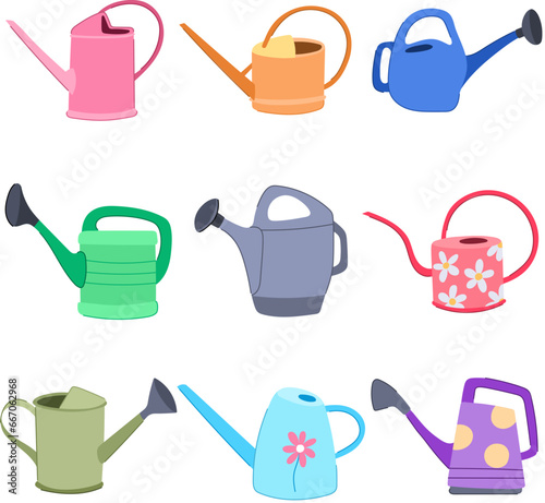 watering can set cartoon. growth care, equipment horticulture, cultivate hand watering can sign. isolated symbol vector illustration