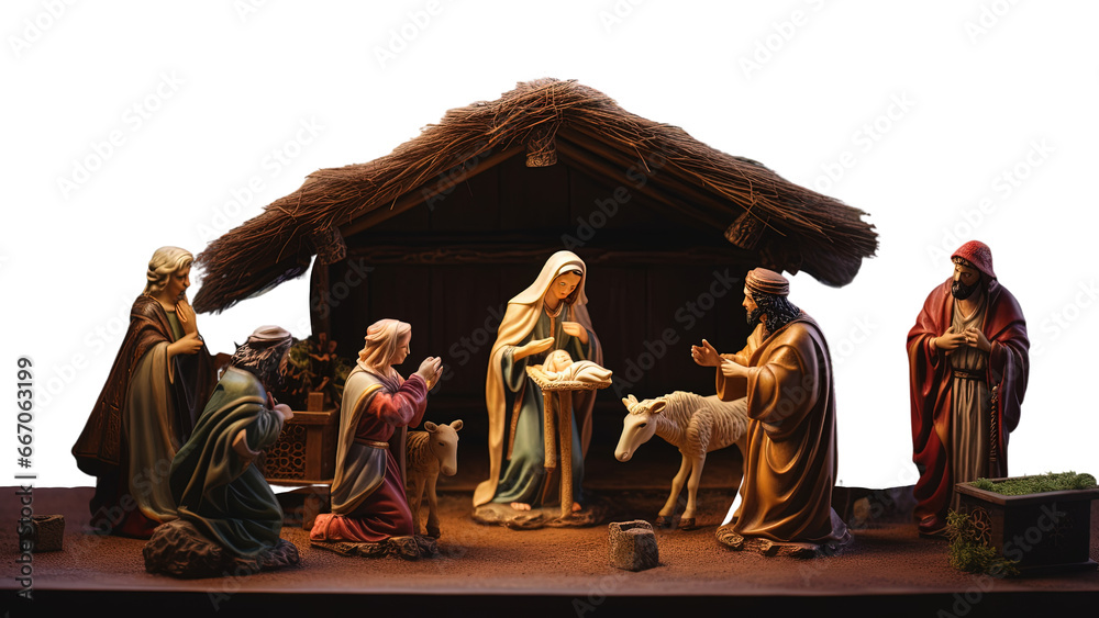 Miracle of Jesus' birth, wooden nativity scene, transparent PNG