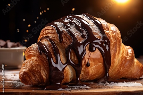 Chocolate croissant fresh baked on wooden table homemades