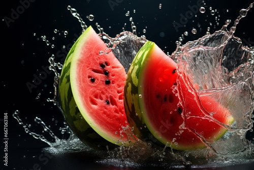 Watermelon in water splash isolated on dark background
