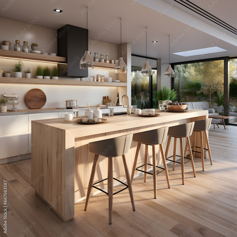 Three wooden stools near at kitchen island Modern interior design of scandinavian style kitchen