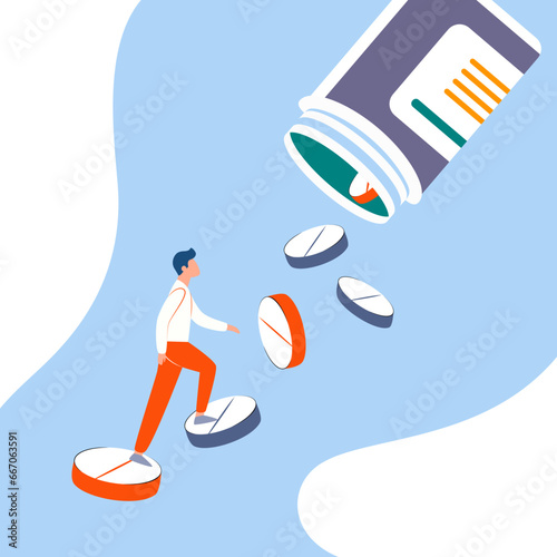 Vector illustration of a man climbing stairs made of pills. Pills spill out of the bottle. Pharmaceutical products illustration for pharmacy banners, medical posters, stands.