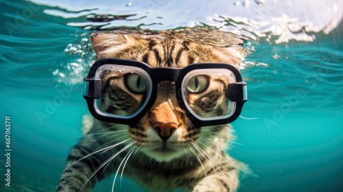 underwater brave cat wearing scuba diving glasses. 