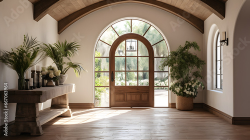 Timber beam ceiling and arched door in mediterranean style hallway. Interior design of modern rustic entrance hall with door in farmhouse © Samira