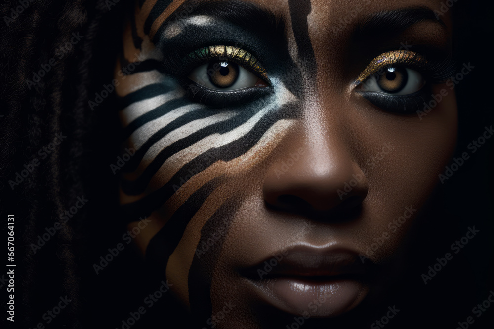 African American female face close up with tiger stripes