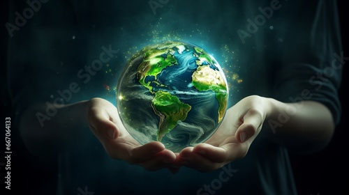 Hands holding earth, save planet, earth day, sustainable living, ecology environment, climate emergency action, world environment day concept, illustration for global warming content. Generative AI