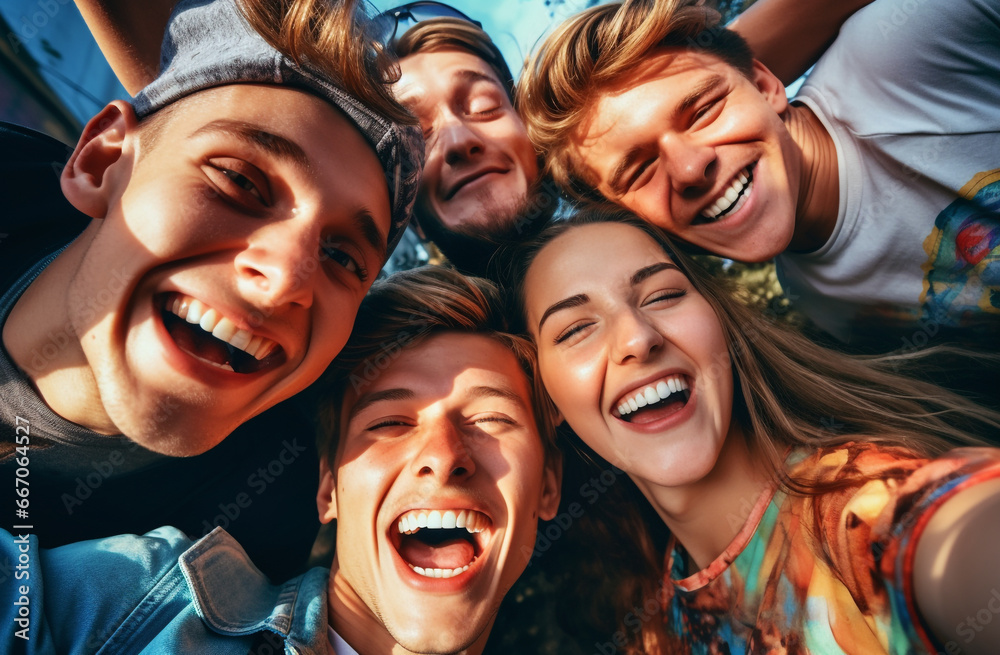 Group of friends taking selfie with smart mobile phone. Happy young people smiling together at camera. University students having fun together in college campus. Friendship concept