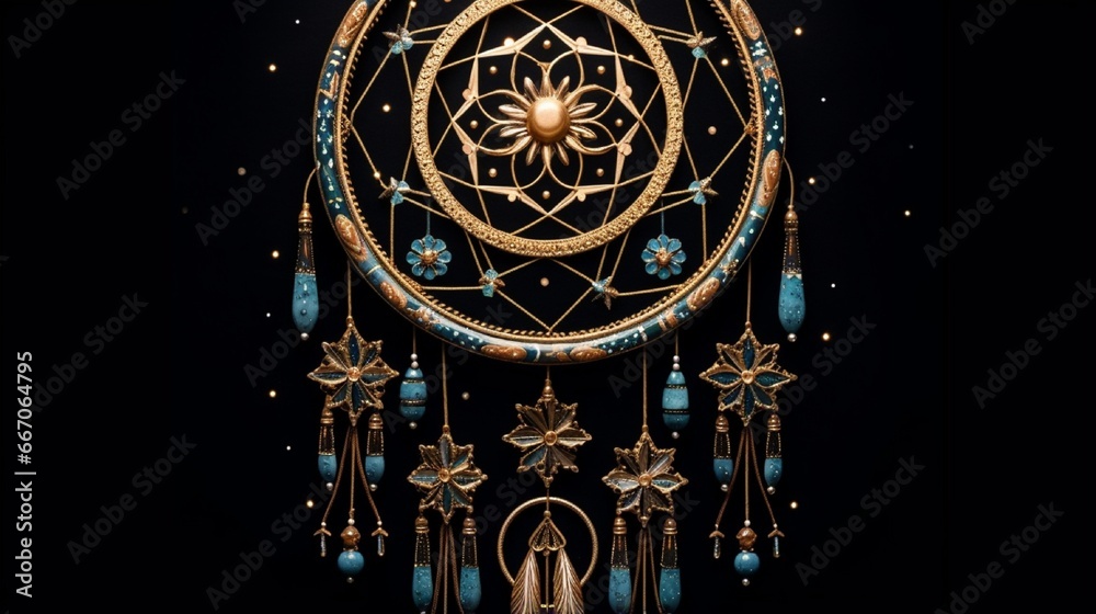 A dream catcher woven with cosmic patterns, floating in the vastness of space, capturing dreams from distant galaxies and celestial wonders.
