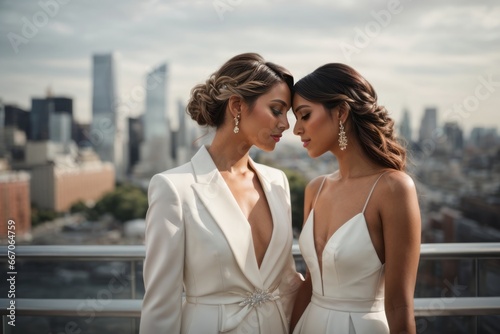 Two happy lesbian LGBT brides wearing