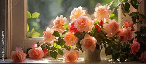 Gorgeous roses resting on a windowsill