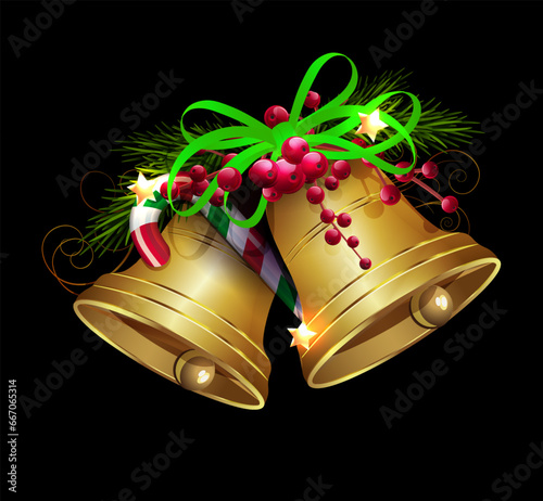 Isolated golden Christmas bells with bow on black background.
