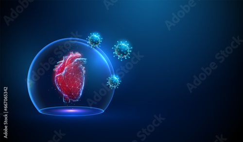 Abstract red human heart in transparent glass dome with attacking viruses. Heart protection. Healthcare medical concept. Low poly style