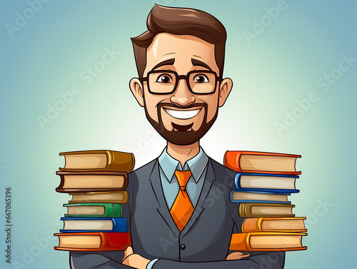 A male teacher smiling with pile of books. 