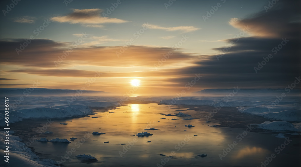 Fototapeta premium Landscape illuminated by the midnight sun, reflecting the Arctic Circle's phenomenon where the sun remains visible at night