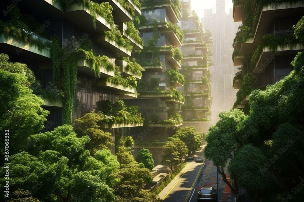 City with green vertical forest, blending civil architecture and natural life. Digital art with splendid environmental awareness. Generative AI