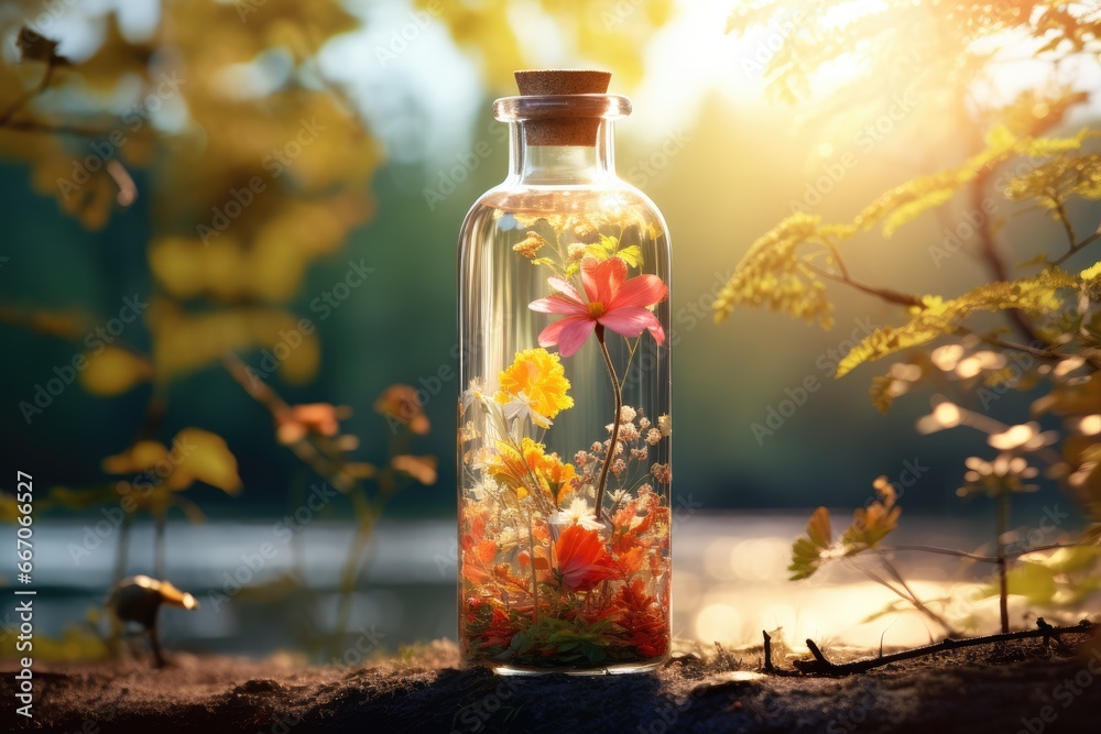 Beautiful fresh flowers in a glass bottle on blurred nature background. . Flower therapy, natural therapy method, homeopathy. Green world and Earth day concept. Ecology and ecological balance Beautiful fresh flowers in a glass bottle on blurred nature background. . Flower therapy, natural therapy method, homeopathy. Green world and Earth day concept. Ecology and ecological balance