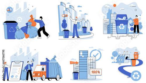 Waste recycling. Vector illustration. The pollution caused by waste can be mitigated through effective recycling programs Environmental awareness is essential for fostering culture conservation