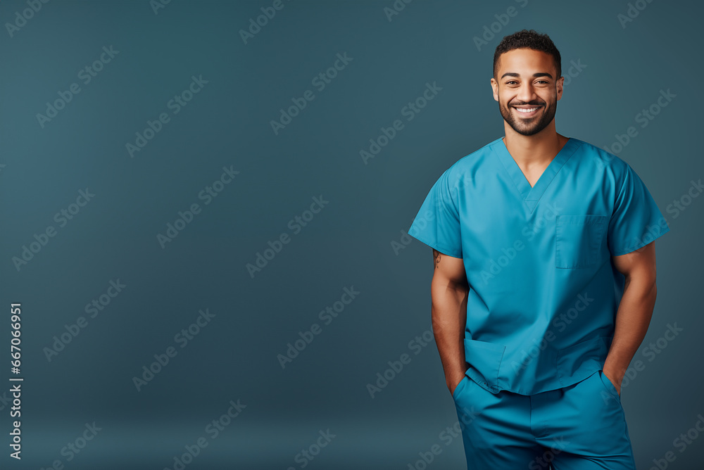 portrait of happy poc medical male staff wearing scrubs isolated on plain blue studio background, with copy space - obrazy, fototapety, plakaty 