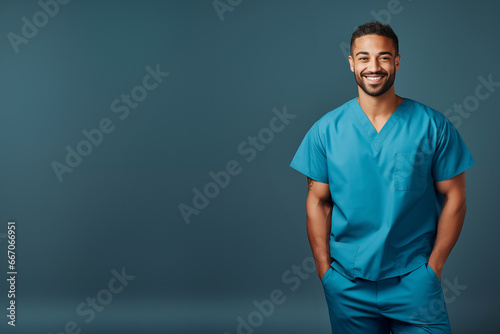 portrait of happy poc medical male staff wearing scrubs isolated on plain blue studio background, with copy space photo