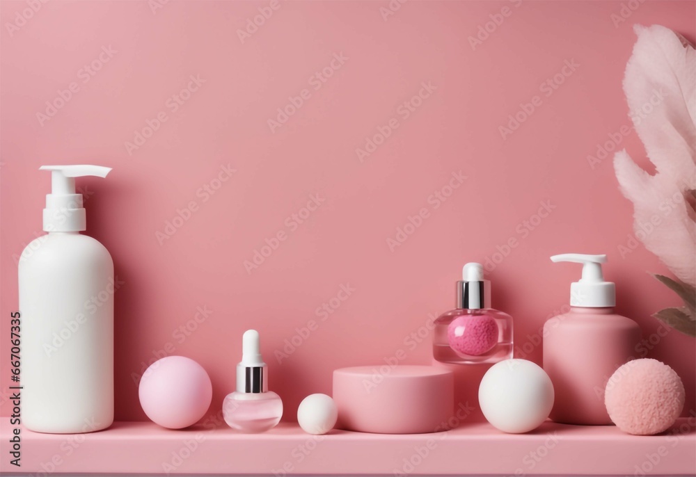 Attractive beauty cosmetic set with pink background. Attractive beauty cosmetic set with pink background.