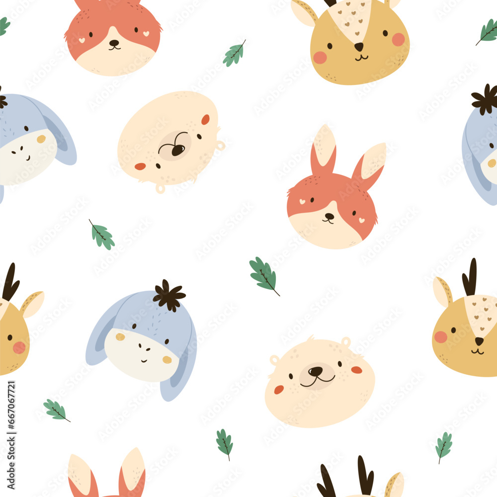 Seamless pattern with cute animal faces, heads - rabbit, donkey, bear, deer