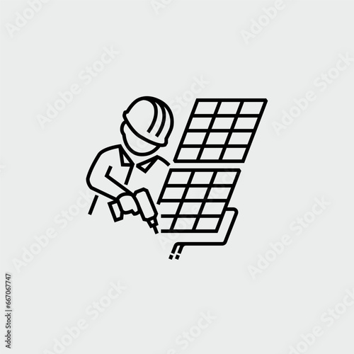 Electrician Worker Installing Solar Cell Panel Vector Line Icon