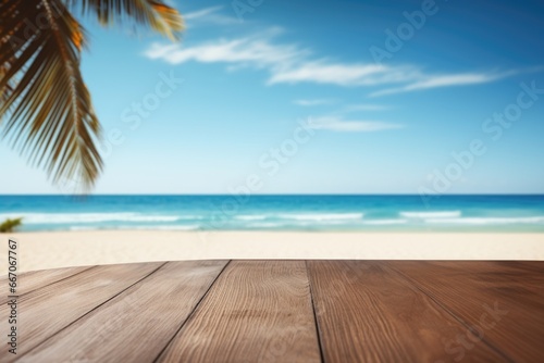 A wooden surface devoid of items  set against the coastal scenery