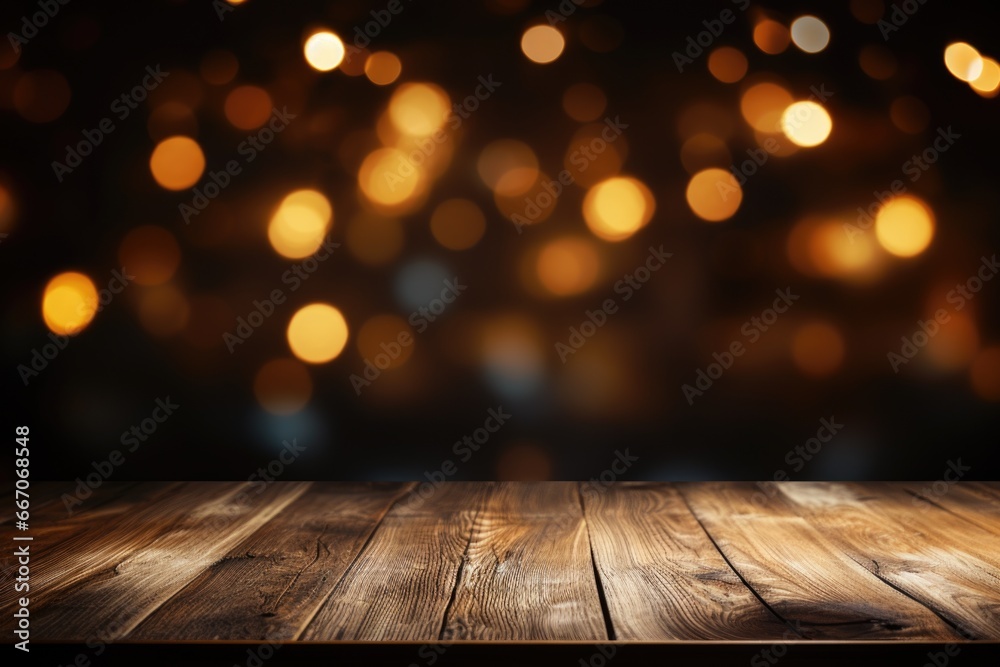 An aged wooden table set against a backdrop of dim bokeh lights An aged wooden table set against a backdrop of dim bokeh lights