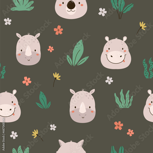 Photography Seamless pattern with cute animal faces of hippo, rhino and koalas