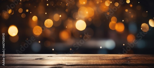 An aged wooden table set against a backdrop of dim bokeh lights