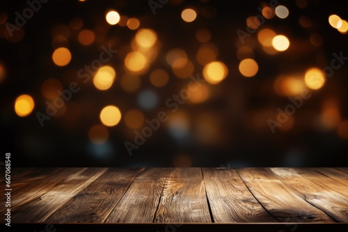 An aged wooden table set against a backdrop of dim bokeh lights