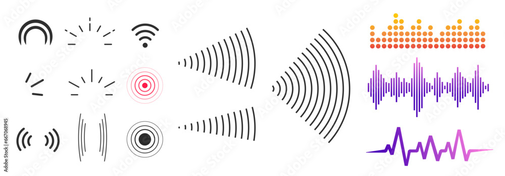 Signal radio waves icon wireless tech radar vector symbols graphic set, antenna detection sonar transmission rays, beacon acoustic sound voice locator station, transmitter frequency element image - obrazy, fototapety, plakaty 