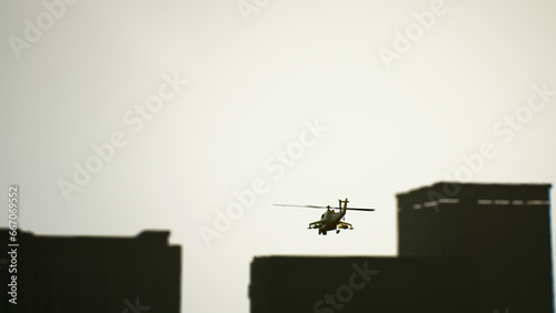 Yellow helicopter during a rescue operation in the city. 3d render